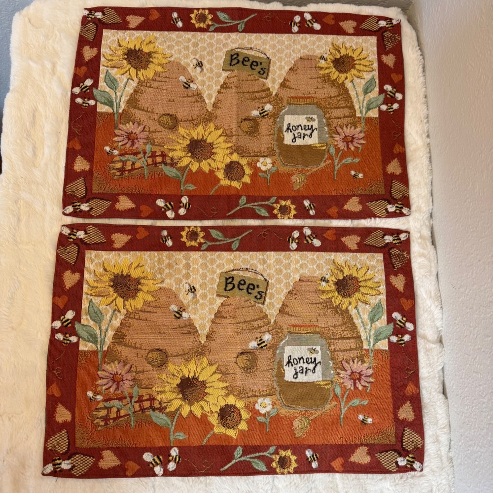 Set of 2 Woven Tapestry Bee Placemats Sunflower Honey Jar Spice Farmhouse Decor